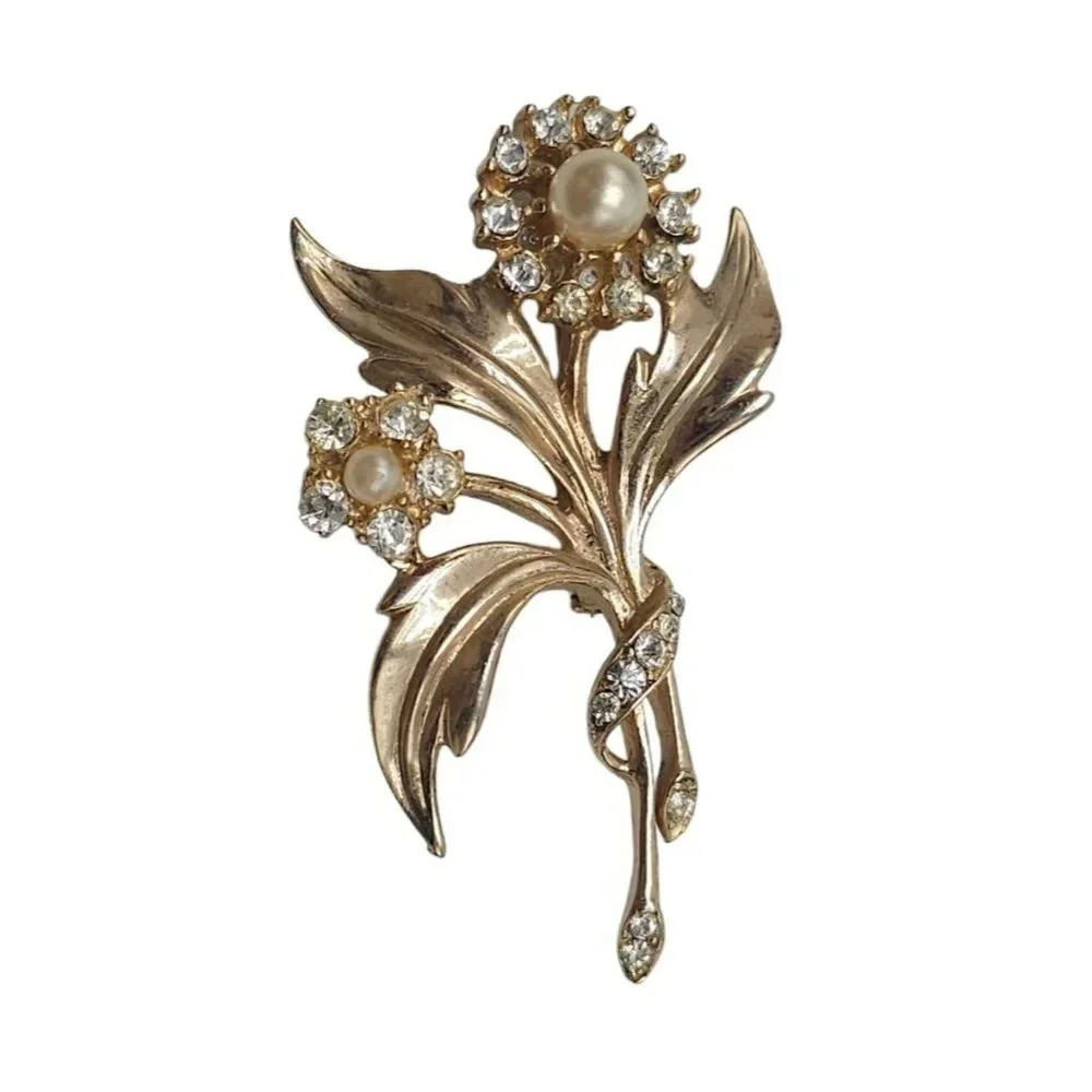 Heavy High Quality Faux Pearl Rhinestone Floral Brooch Pin Gold Tone Vintage